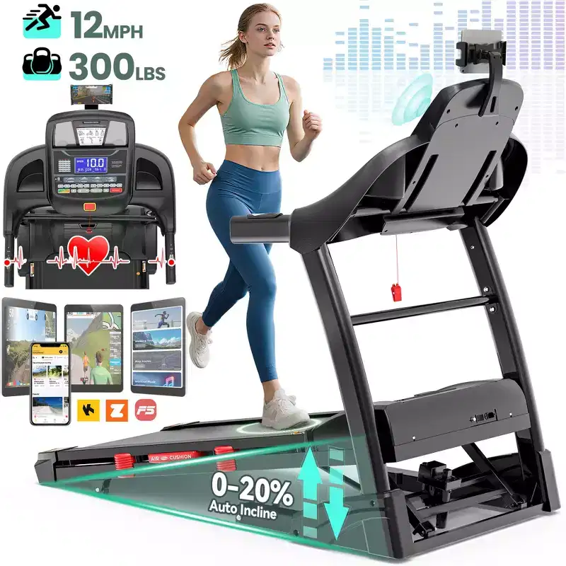 Folding Treadmill with Auto Incline, 300 lb Capacity, 0.6-12 MPH Speed, Heart Rate Monitor, App Control & Bluetooth Audio for Home Use
