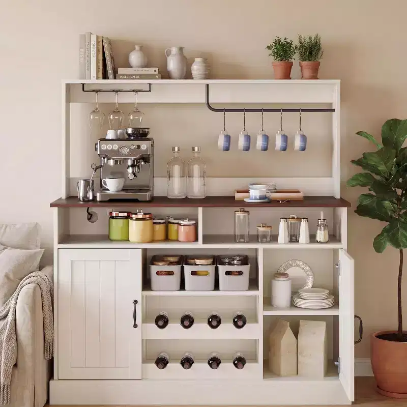 Farmhouse Coffee Bar Cabinet 47, MDF w/Power Outlets, Wine Rack, Black