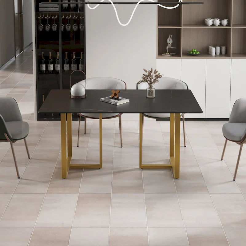 Black Modern 63L x 35W Rectangular Marble Dining Table with Steel Legs