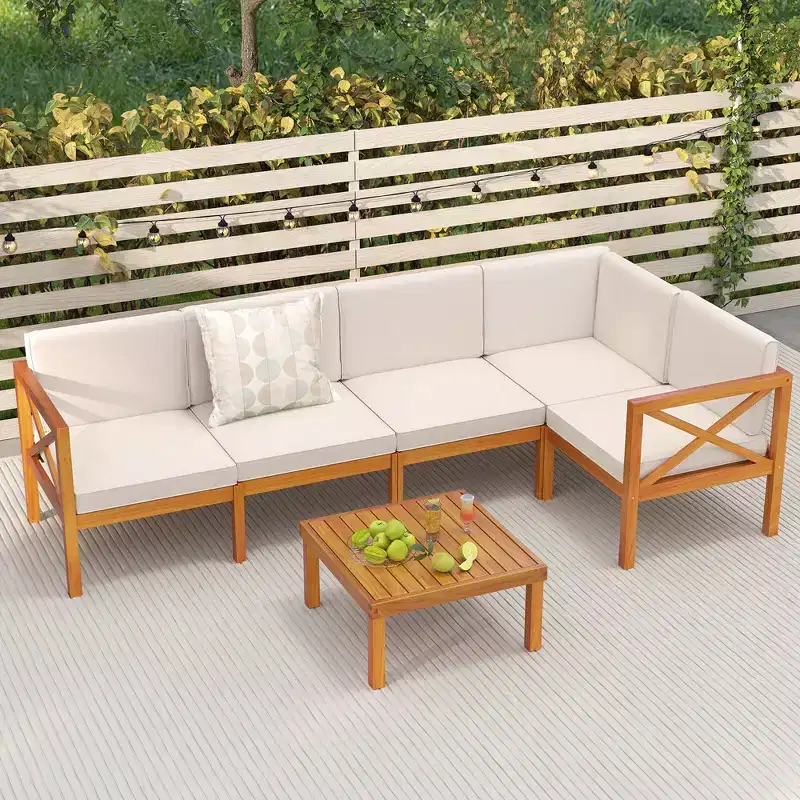 Costway 6 PCS Acacia Wood Patio Furniture Set with Cushions and Coffee Table for Garden