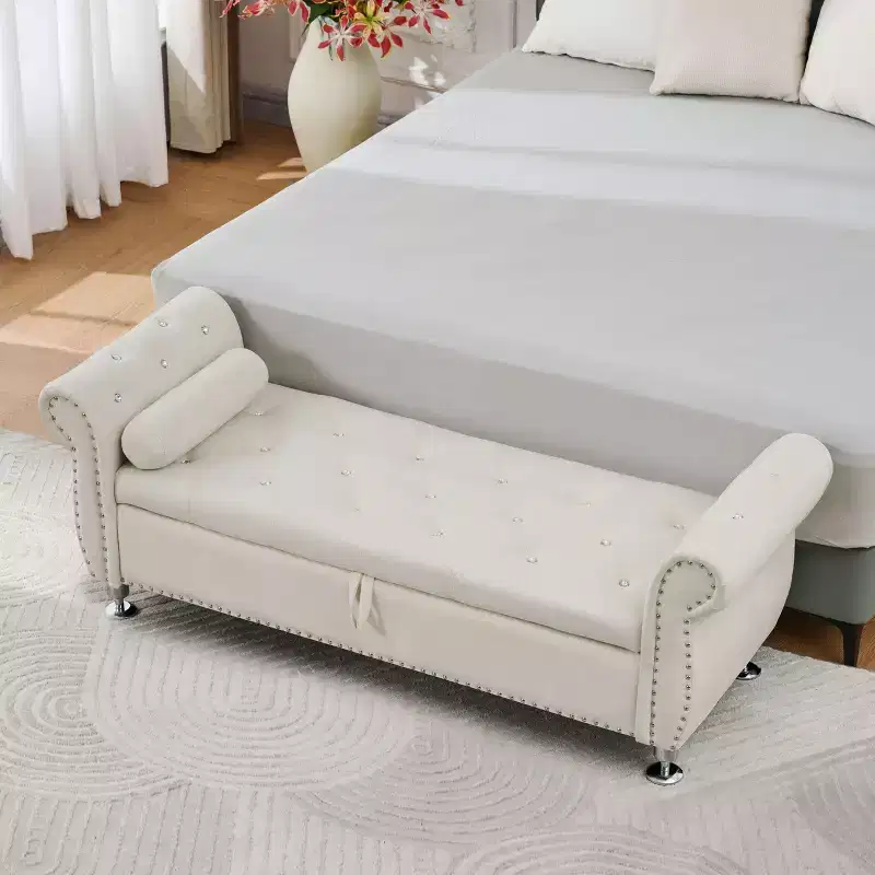 TUYOHW 62.2 Tufted Velvet Storage Bench with Crystal Buttons & Armrests,End of Bed Bench with 1 Pillow,Storage Ottomans for Living Room,Bedroom