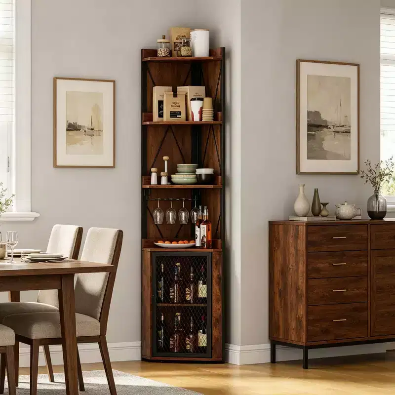 69 Tall Corner Bar Cabinet with 5-Tier Shelves for Living Room Kitchen and Dining Room