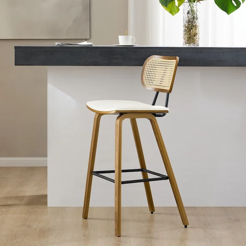 26-inch Wood Counter Height Bar Stools with Rattan Back