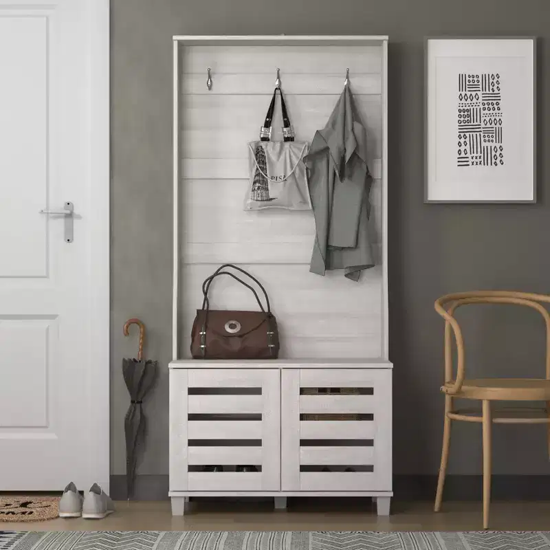 Hall Tree with Bench and Shoe Storage in Gray Oak 31.3 W x 15.7 D x 68.3 H
