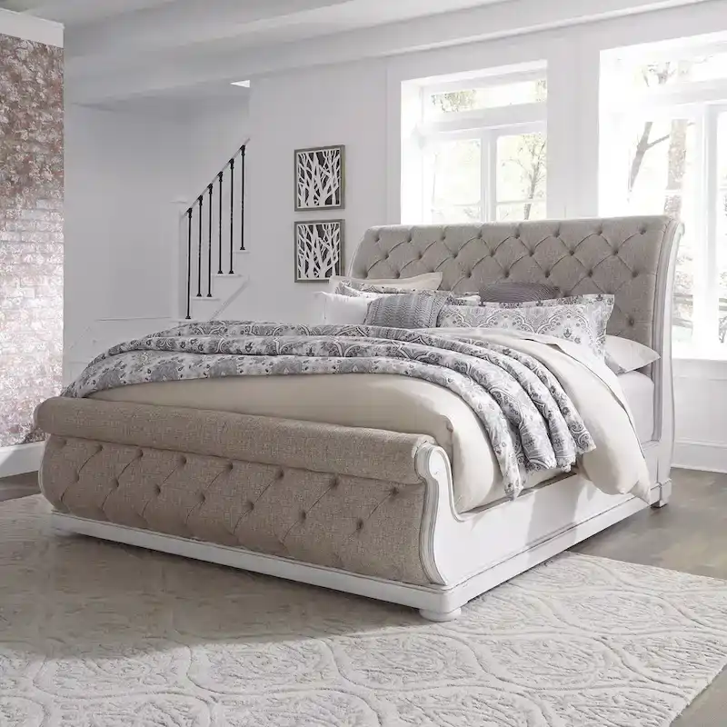 Antique White King Upholstered Sleigh Bed