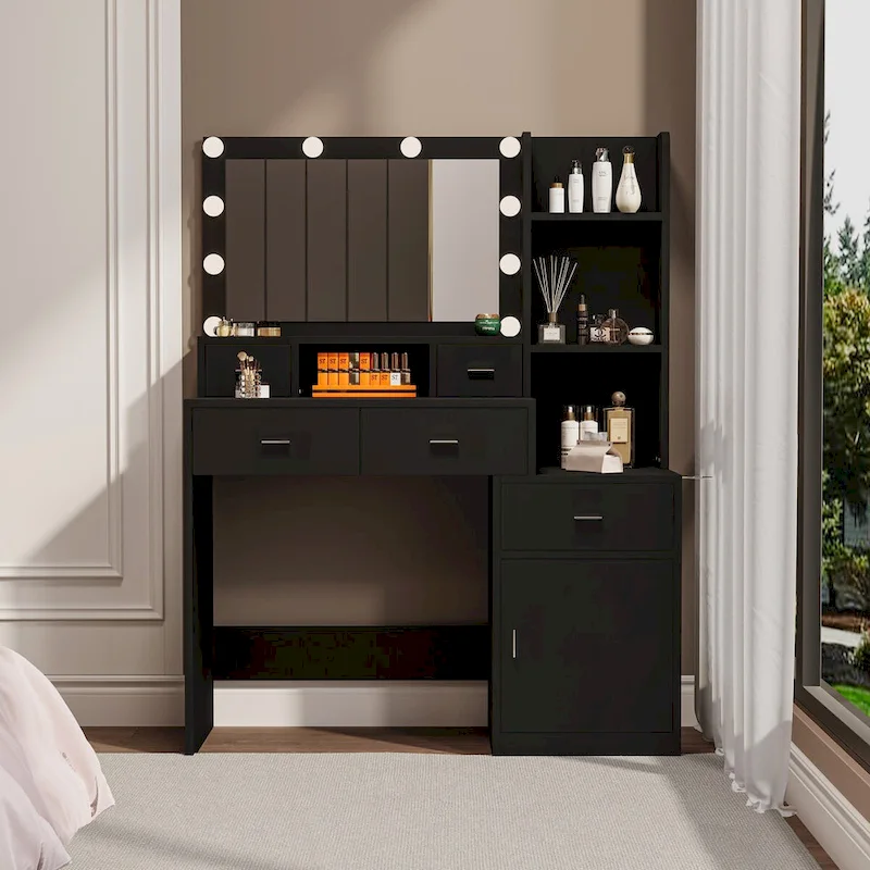 Black Vanity Dressing Table with Lights & Drawers, 1-Person