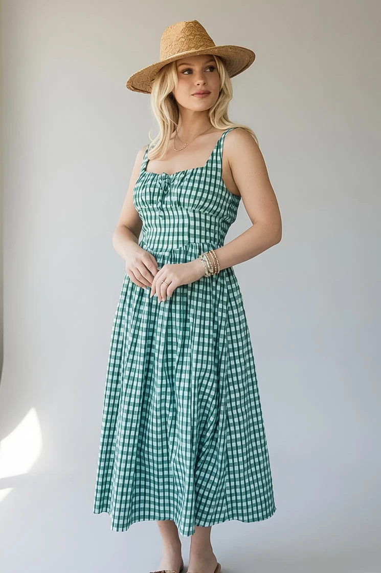 Green Gingham Sweetheart Midi Dress