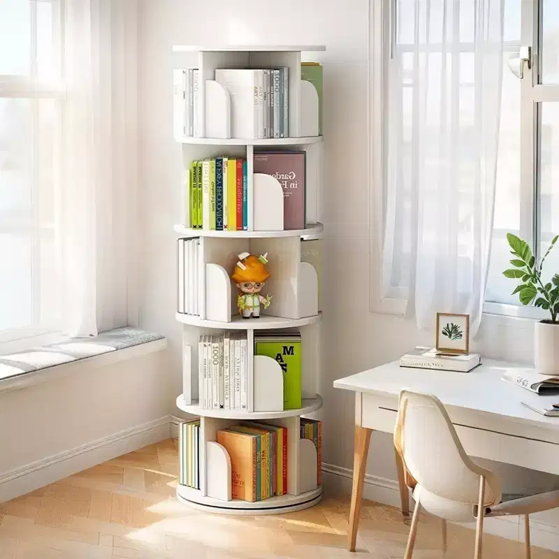 5-Tier 360° Rotating Bookshelf | Warm White | Space-Saving Book Tower