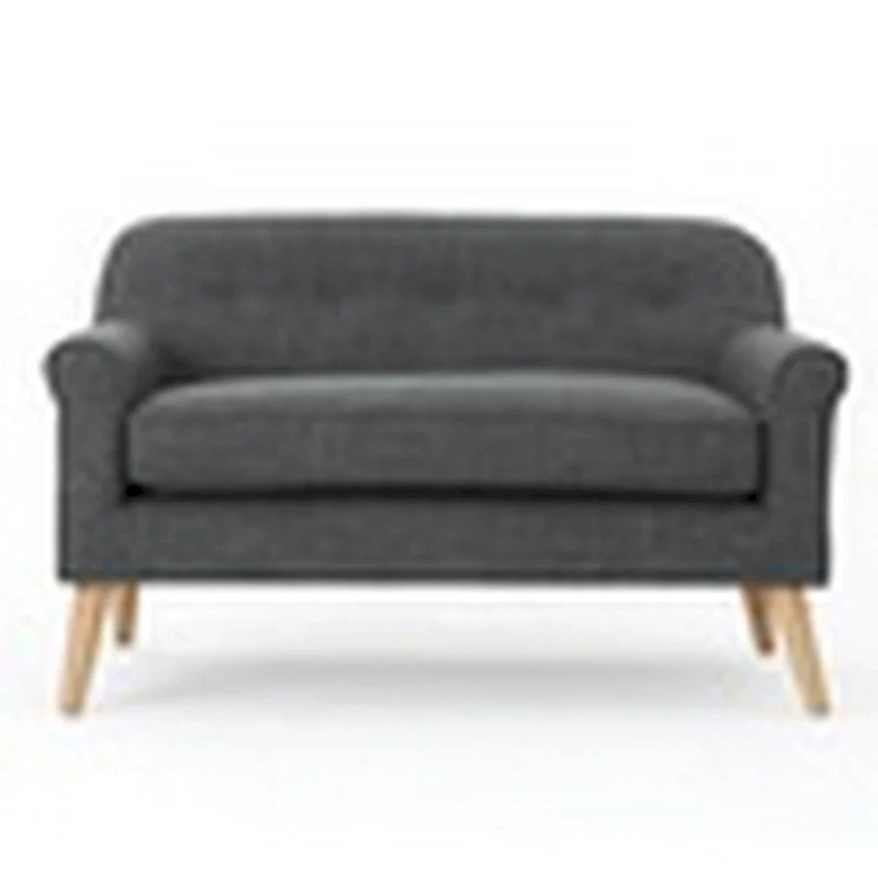 Curved Loveseat with Button-Tufted Back, Gray Fabric and Wood Legs
