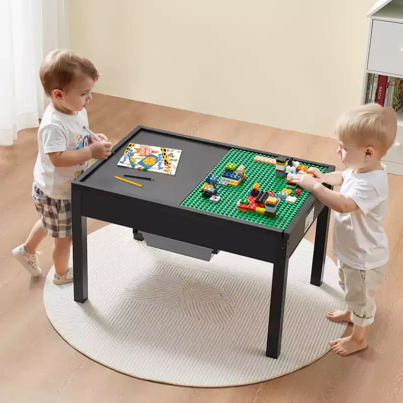 Kids Wooden Activity Table,Building Blocks Double-Sided Tabletop, Multi-Purpose Activity Play Table with 2 Storage Bins for Kids 3+ Years,Black
