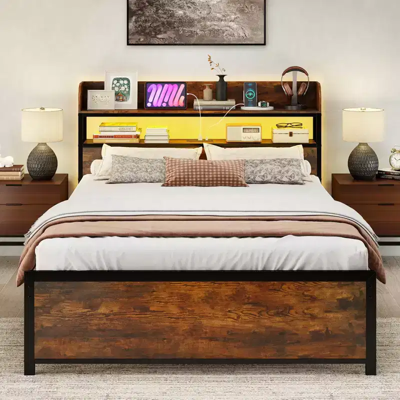 Coatway Full/Queen/King Bed Frame with LED Lights Power Outlets Storage Headboard Metal Slat Support