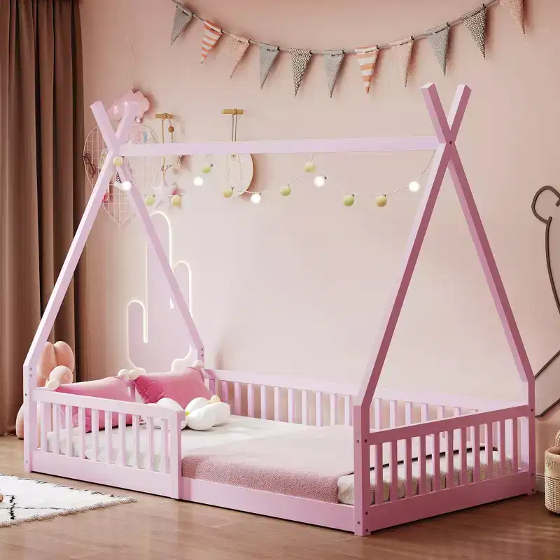 Whisen Twin Size Wood Montessori House Floor Bed, House-shaped Frame Platform Bed with Fence