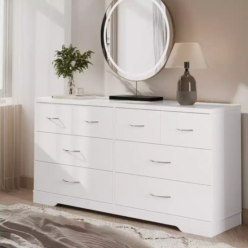 Heynemo Large 8 Drawer Dresser for Bedroom, 55 Wide Modern Chest of Drawers, Dresser TV Stand with Metal Handle, Wood Drawer Organizer, White