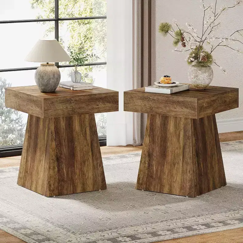 Small End Table, Rustic Square Side Table with Wide Base, Farmhouse Nightstand Beside Bed, Next to Armchair