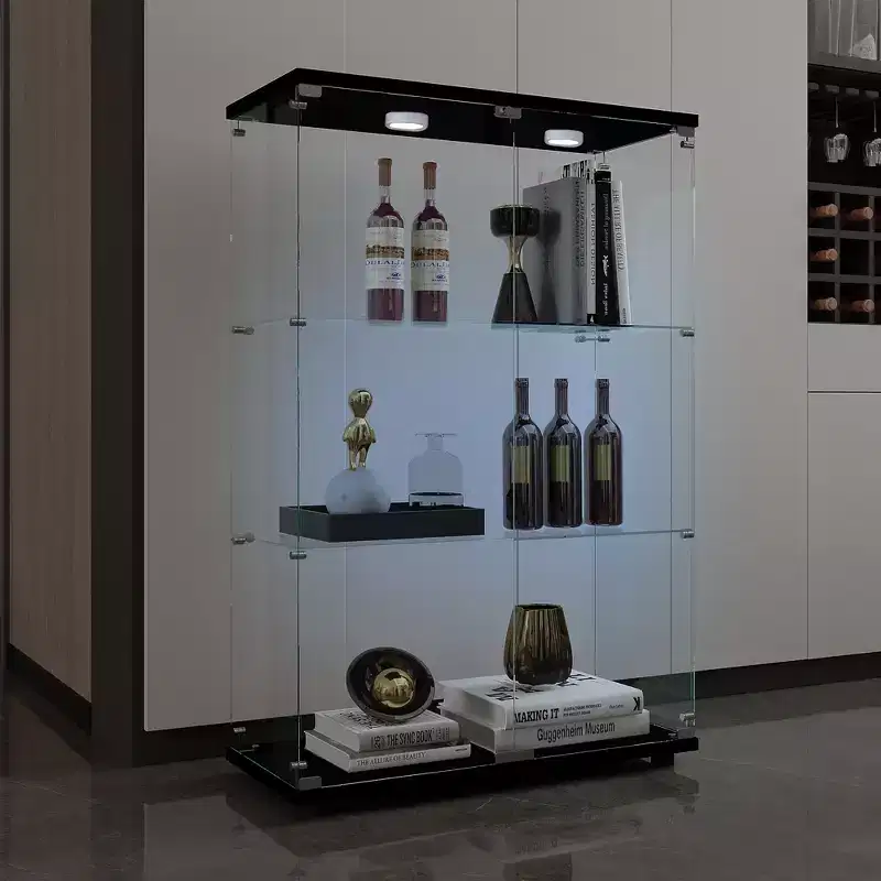 Tempered Glass Display Cabinet with Color-Changing Light and Lockable Casters, Black