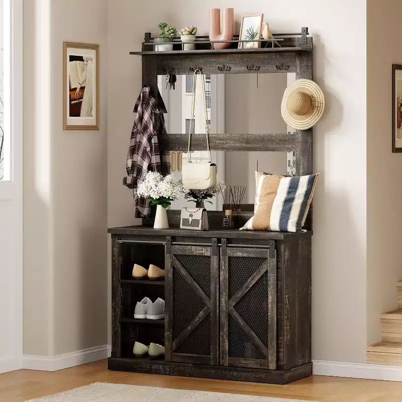 Hall Tree With Shoe Cubbies & 7 Coat Hooks,and 3 Drawers for Hallway,Mudroom Bench With Shoe Storage Bench,Entryway Furniture,Dark Oak