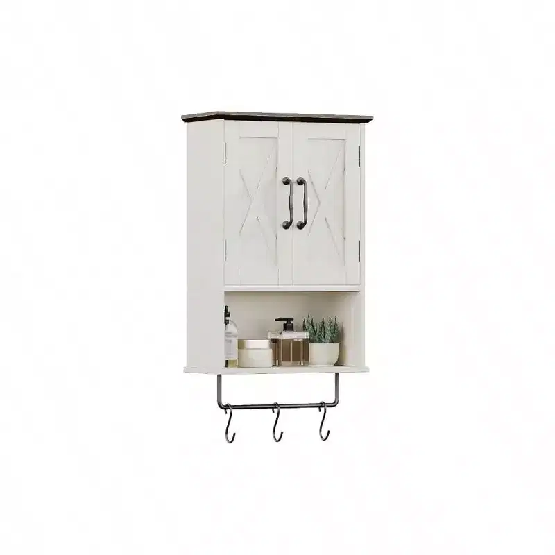 Farmhouse Cabinet Bathroom Wall Cabinet with Adjustable Shelf Towel Bar 3 Hooks Over Toilet Storage Cabinet 19.3''L Antique White Brown