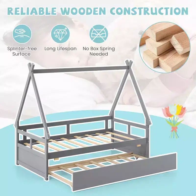 Twin Size House Bed with Trundle, Roof Frame & Safety Guardrail - Gray