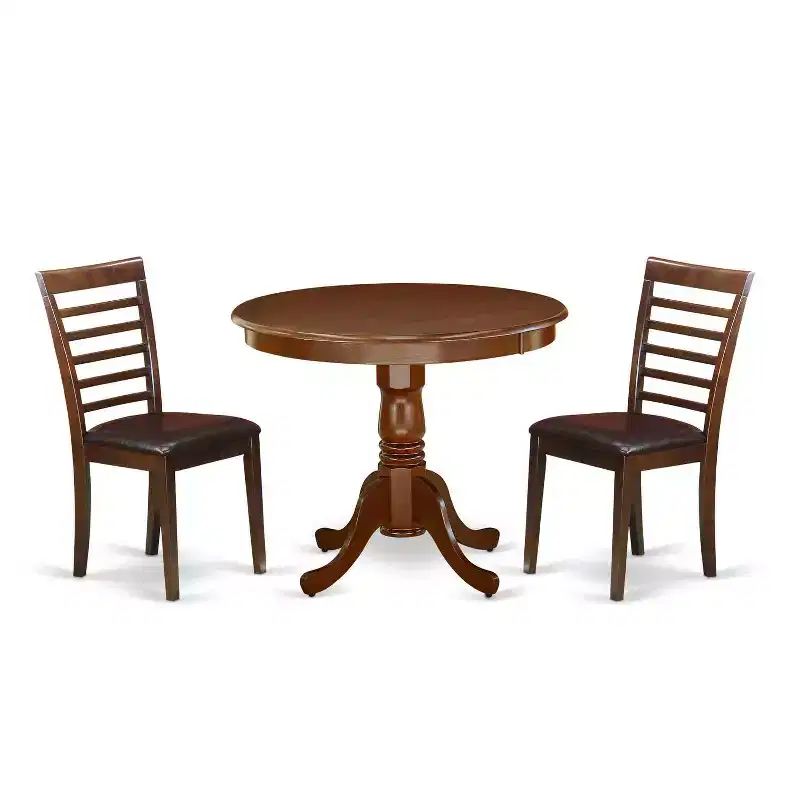 Round Pedestal Dining Table Set - 3 Piece Kitchen Chairs - 36 Inch Mahogany Finish - Small Space Dining