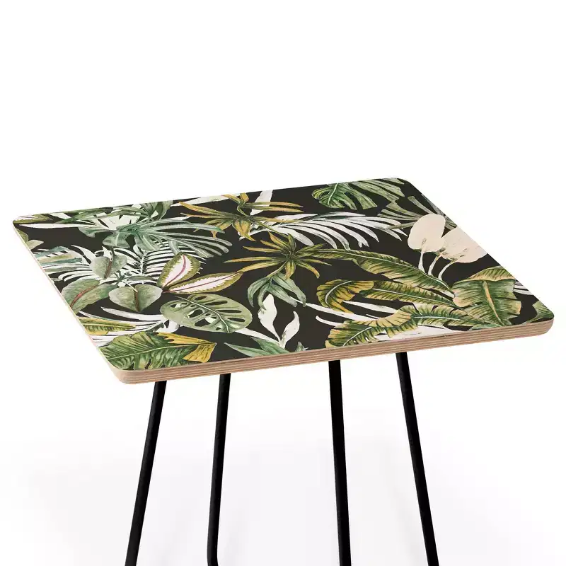 Dark Watercolor Jungle Side Table — Black, Baltic Birch Top, Artist Print