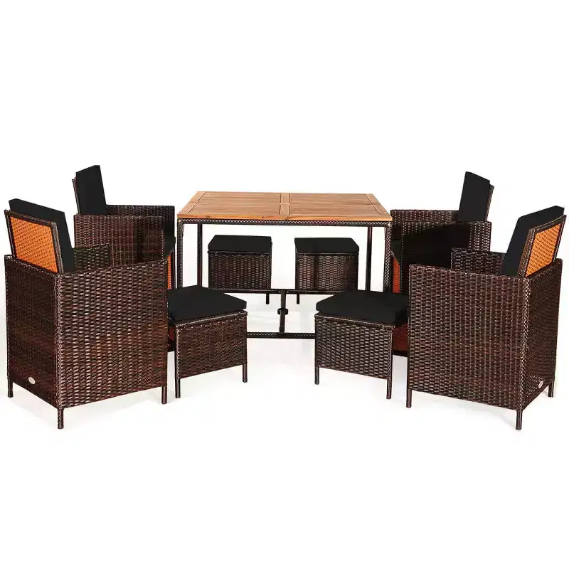 Costway 9PCS Patio Rattan Dining Set Cushioned Chairs Ottoman Wood Table Top White/Red/Black