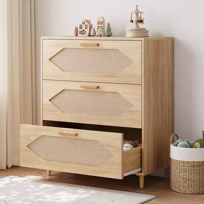 3 Drawer Rattan Dresser, Stylish Storage Cabinet, Bedroom, Living Room, Hallway,Spacious Drawers