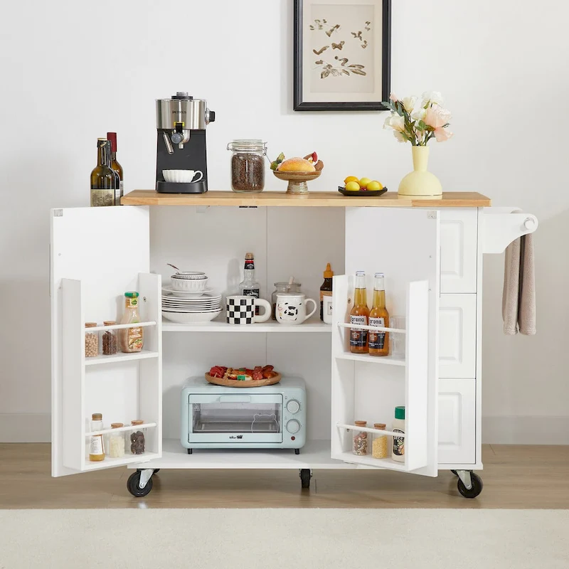 Kitchen Island with Drop Leaf Countertop, Barn Door Kitchen Island Table, Storage Cabinet and Tower Rack, Island Table On Wheels