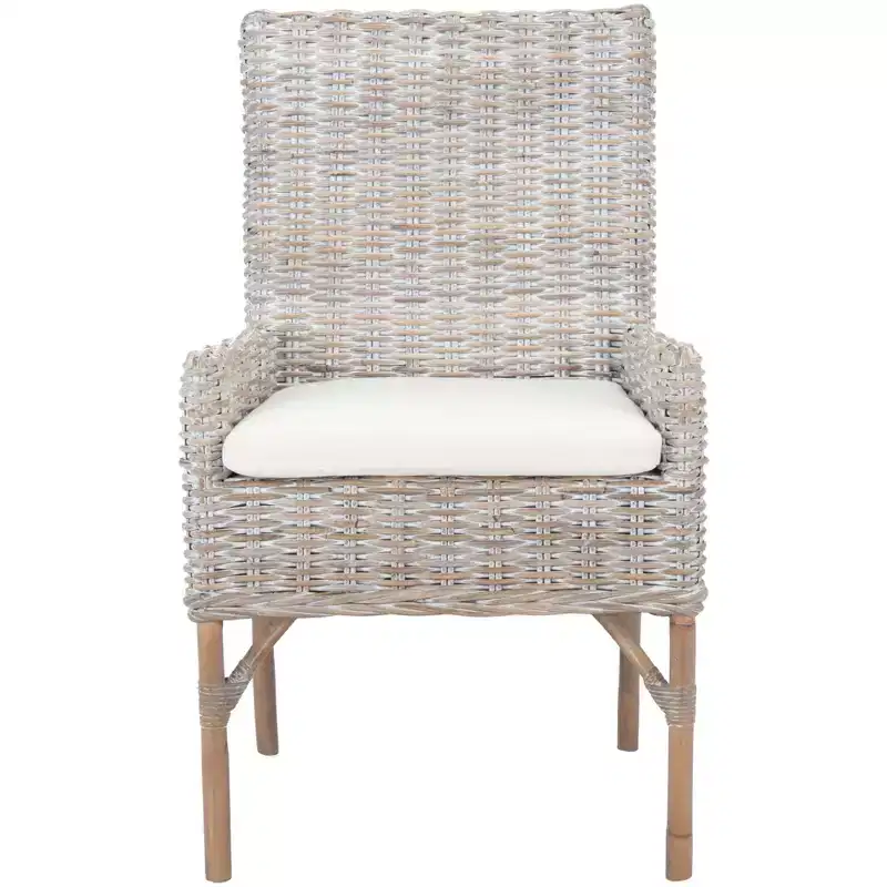 Rattan Accent Chair with Cushion - White & Grey Wash, Wood Frame, 275 lb