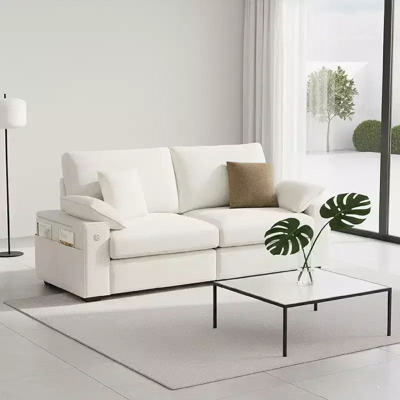 Modern Linen Blend Fabric Sofa with USB & Type-C Charging Ports, Side Storage Pockets, and Flip-Top Armrest Storage for Living Room