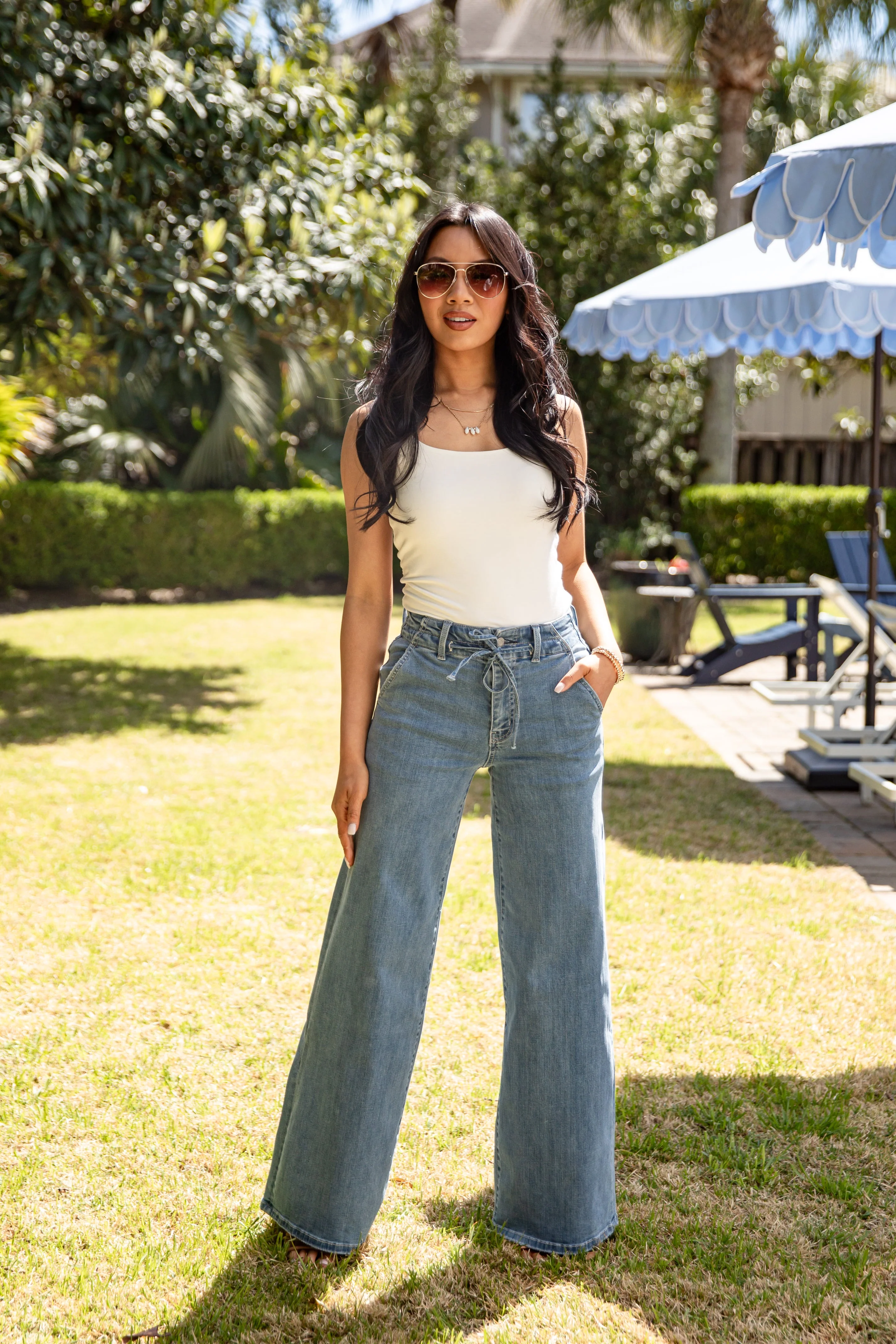 Light Wash High Waist Tie Waist Wide Leg Jeans