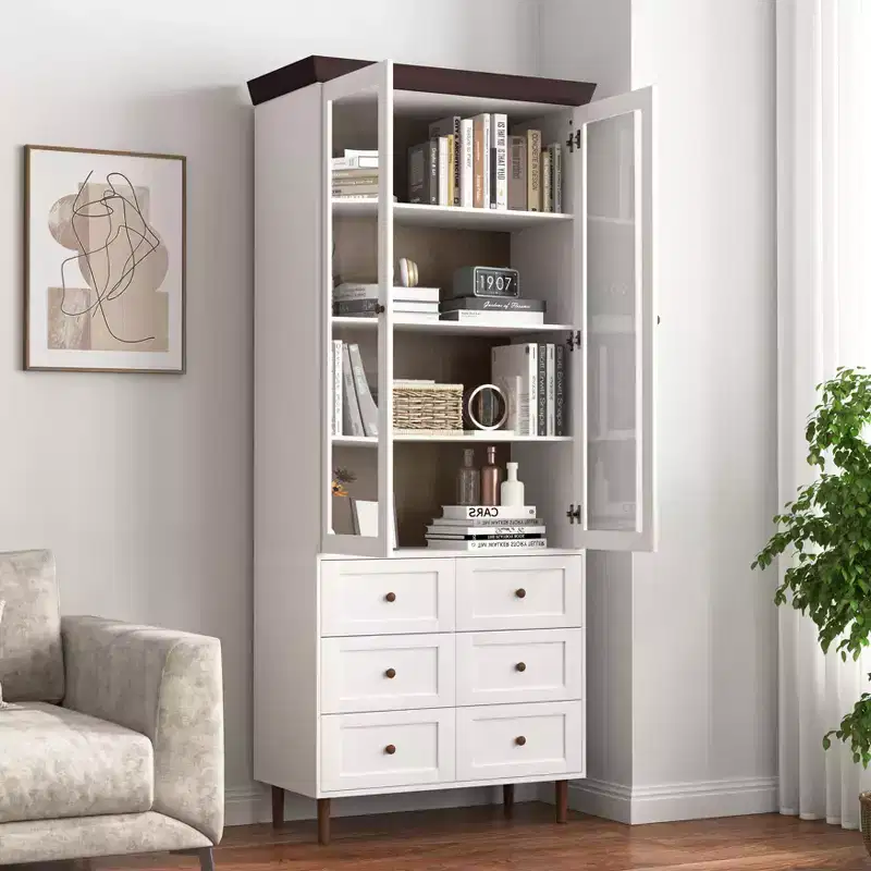 Storage Cabinet White MDF Display with Glass Doors Adjustable Shelves Freestanding Cupboard for Kitchen Living Room