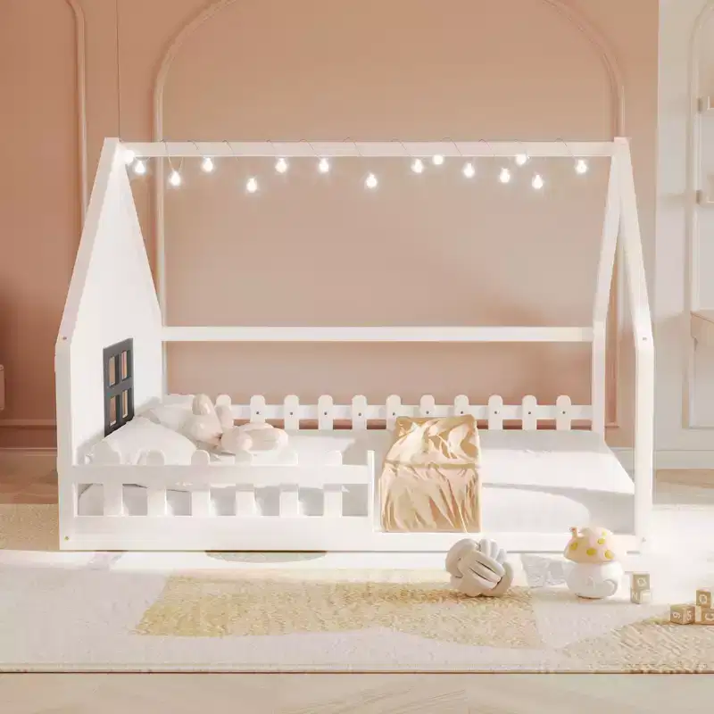TUYOHW House Bed with LED Lights,Solid Pine Wood Montessori Floor Bed with Slats Support & Safety Guardrail,Full Size Kids Low Profile Bed