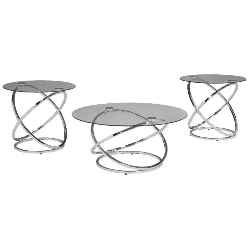 Royal Hampton 3-Piece Coffee and Side End Table Set | Round Glass Tops with Swirl Chrome Steel Bases