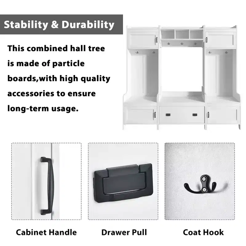 4-in-1 Hallway Hall Tree with 7 Hooks, Storage Bench & Cabinets – White