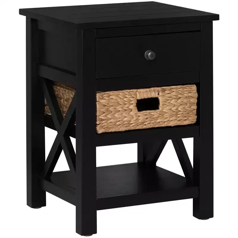 eHemco X-Side Solid Hardwood Nightstand with Drawer, 2 Storage Shelves and Wicker Basket, 24 Inches Tall - Great for Home, Bedroom, Living room