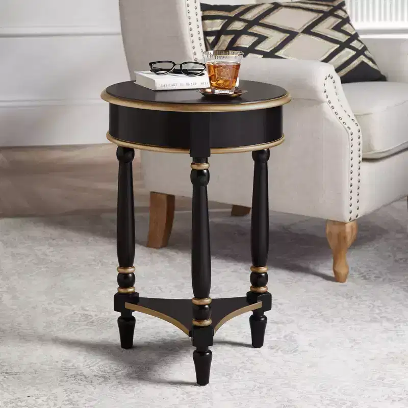 55 Downing Street Cason Vintage Wood Round Accent Side End Table 18 1/4 Wide with Shelf Black Gold Trim for Living Room Bedroom Bedside Entryway Home