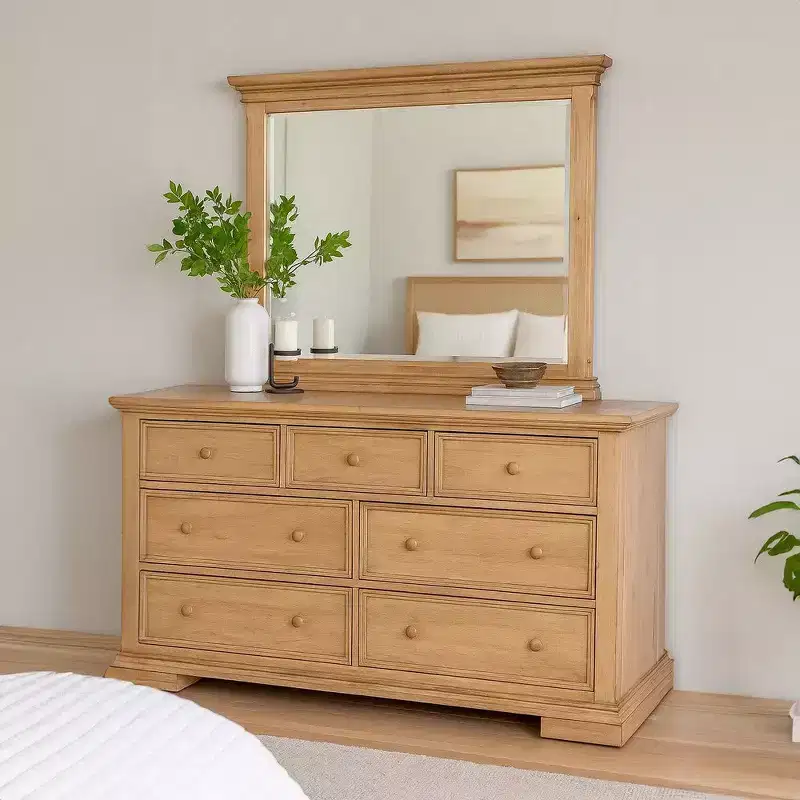 Royal Hampton Dresser Mirror, Bevel Glass, Natural Oak Brown Solid Wood, 38x44