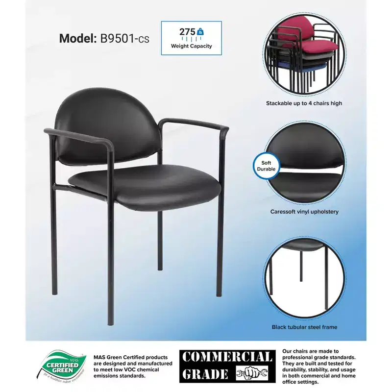 Vinyl Modern Stacking Chair Black - Boss Office Products: Caressoft Upholstery, Metal Frame, 275lb Capacity