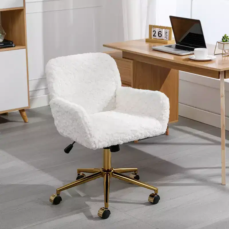 TUYOHW Chic Desk Chair Artificial Rabbit Hair Vanity Chair,360 Swivel Home Office Chair with Golden Metal Base,19.7-23.2H Computer Chair