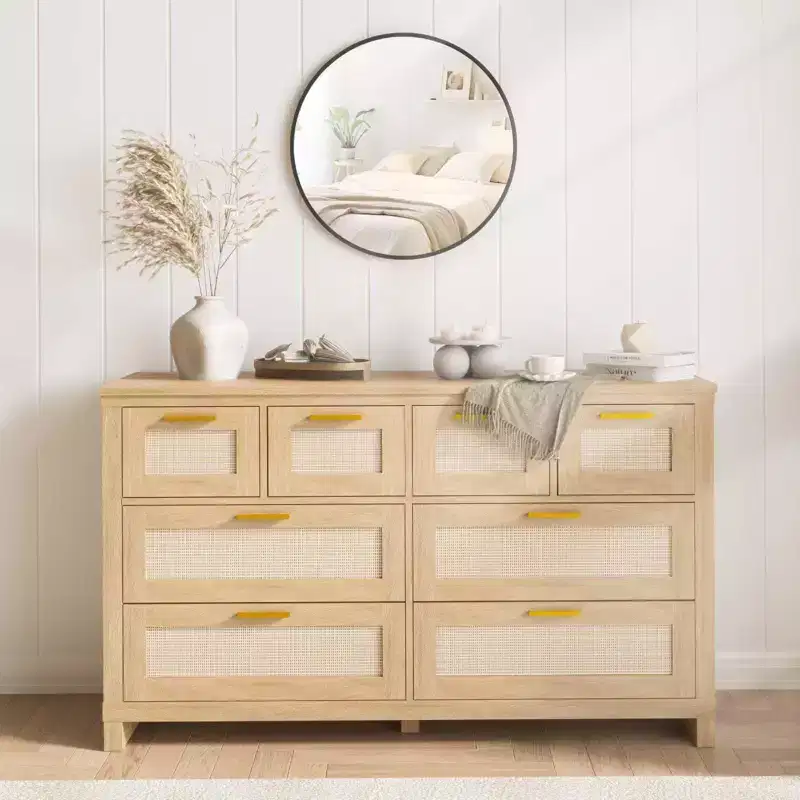 Dresser with 8 Drawers, Boho Modern Wooden Chest C Space-Saving Storage for Bedroom, Rattan & Lacquered Finish