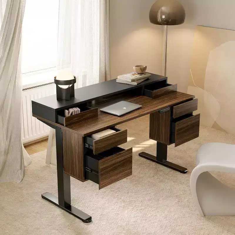 55 Inch Electric Height Adjustable Stand Up Desk with Storage, Standing Desk with 6 Drawers, Computer Home Office Workstation with Monitor Stand