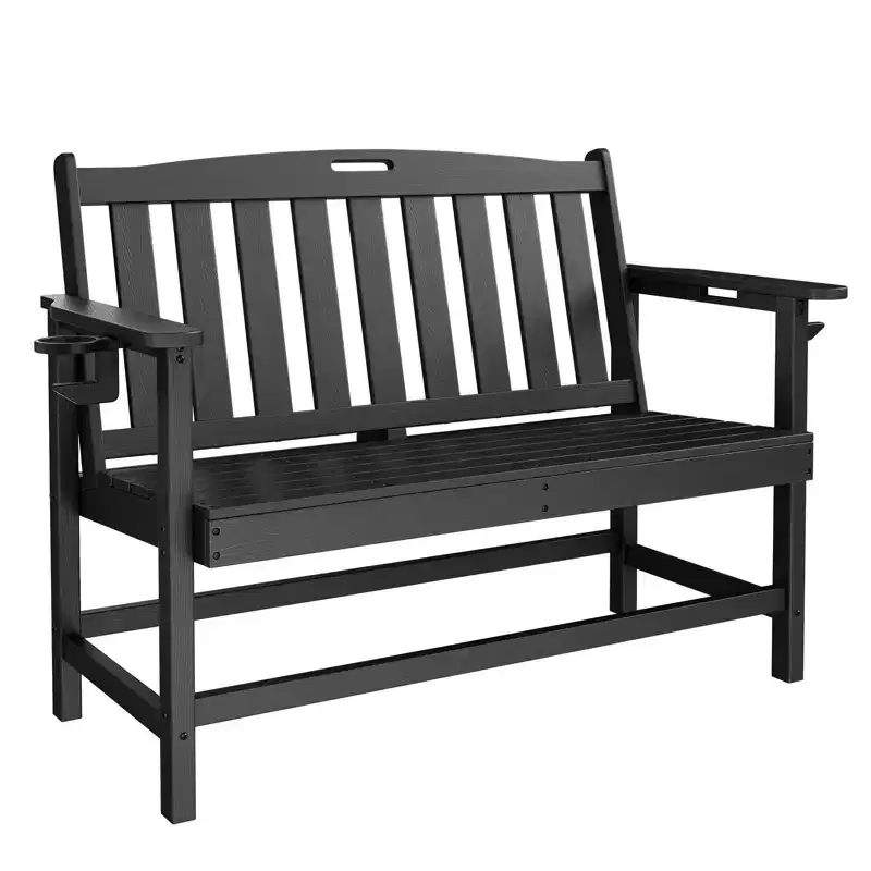 Captiva Designs HDPE Outdoor Bench with Cup Holders, Weather-Resistant 2-Person Patio Bench, 700 lb Capacity, Garden & Porch Seating