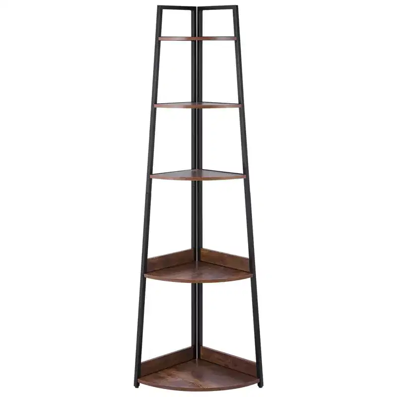 70 5-Tier Industrial Corner Shelf - Metal Frame, Wooden Shelves,Rustic Brown