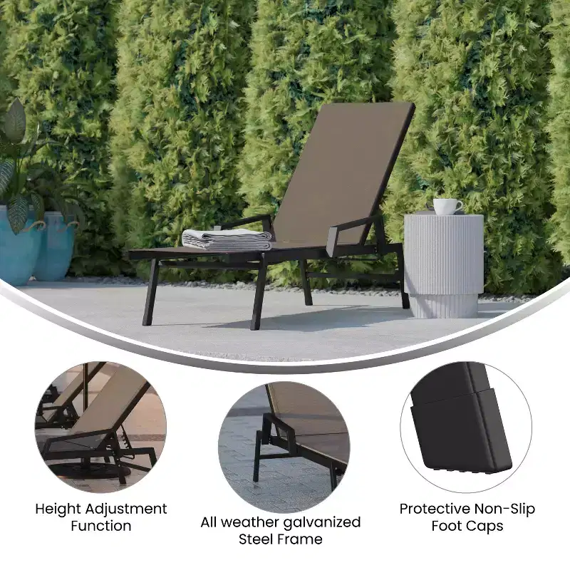 Emma and Oliver Textilene Adjustable 5 Position Patio Chaise Lounge with Armrests and Metal Frame