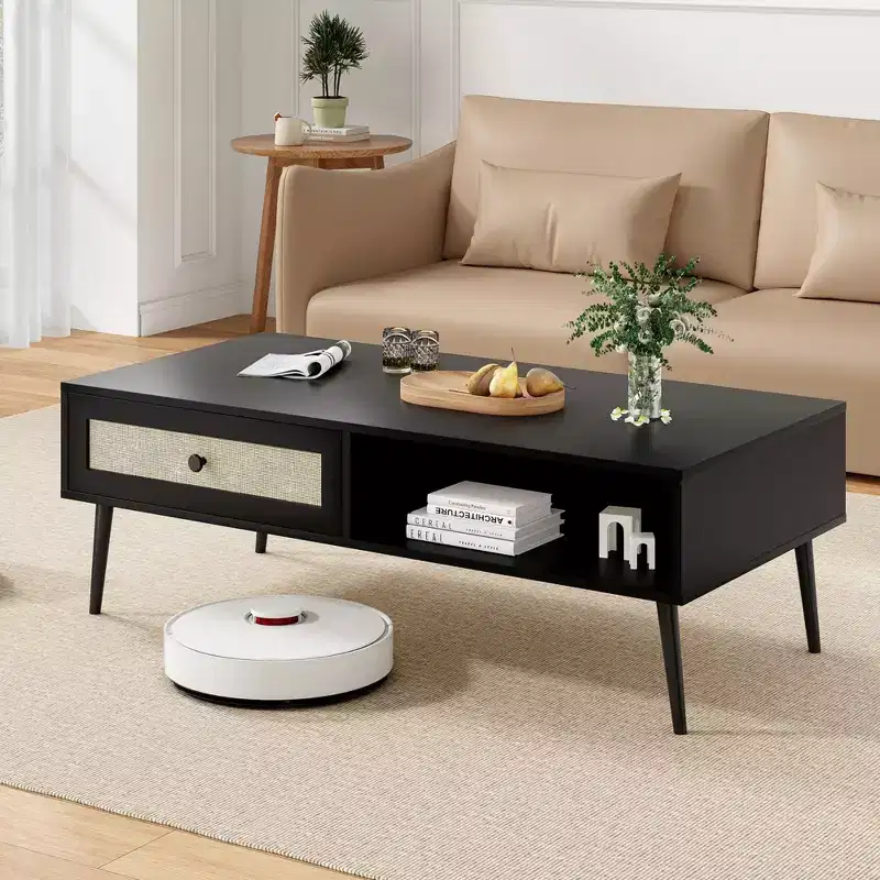 Coffee Table for Living Room,Mid Century Modern Wooden 2-Tier Rectangular Center Table with PVC Rattan Door Drawer