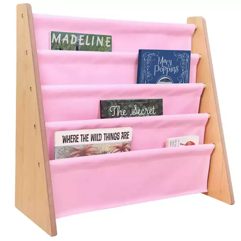 Vegan Leather Kids Sling Bookshelf – 4 Shelves, Natural Wood & Light Pink