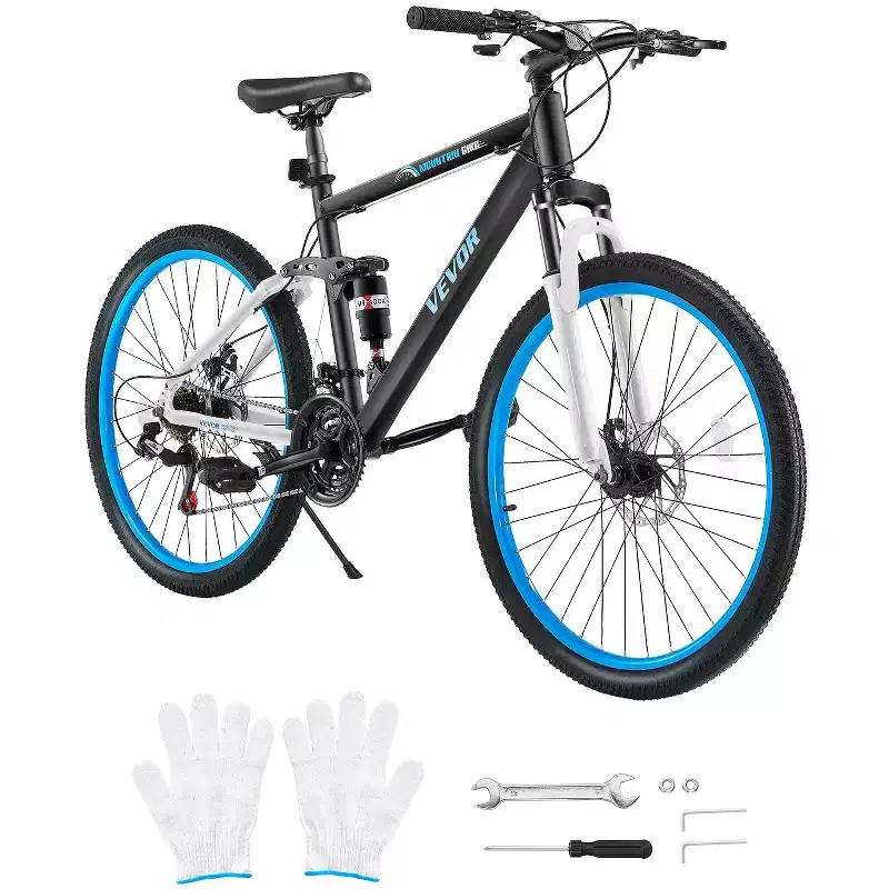 VEVOR Mountain Bike, 26-inch MTB Bicycle with Full Dual Suspension, 21-Speed Twist Shifter,Dual Disc Brakes, Aluminum Alloy Frame , Black&Blue