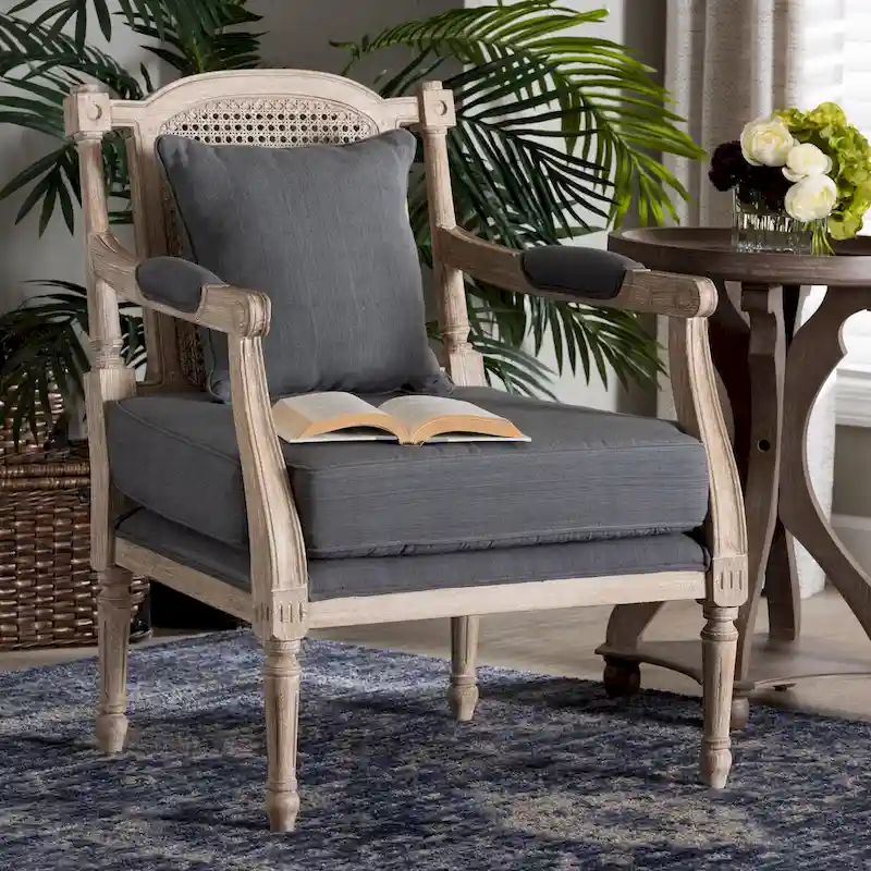 Ivory French Provincial Armchair, Single Seat, Carved Mahogany & Rattan