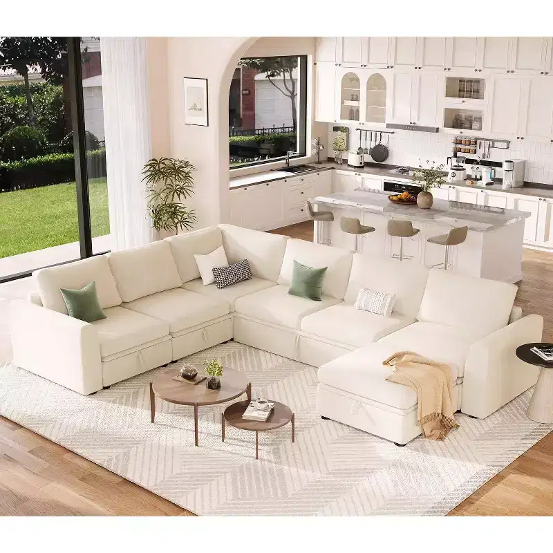 Acekool U-Shaped Sectional Sleeper Sofa with Pull Out Bed, Modular Couch, Storage Seats & Ottoman, Convertible for Living Room