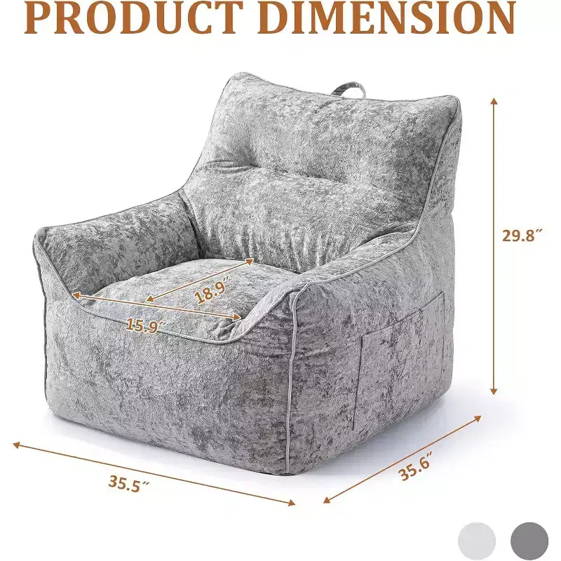Gray/White Chenille Bean Bag Lounge Chair with Back Support, Single Seat, for Adults & Kids